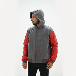 Front view of seniors letterman varsity hoodie jacket featuring wool and leather construction with school letters customization