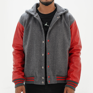 Seniors letterman varsity hoodie jacket with premium Melton wool body and genuine cowhide leather sleeves - graduation customization