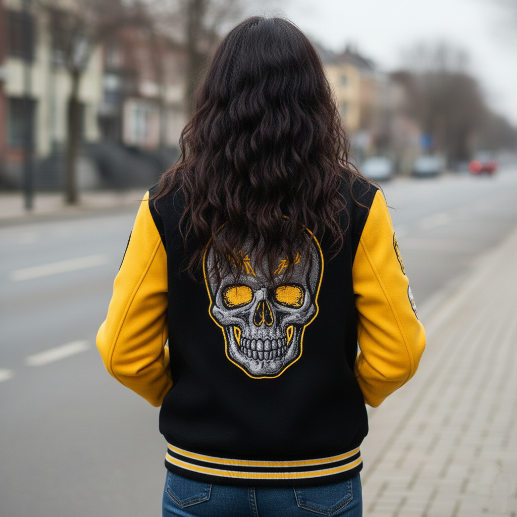 Back view of Skinbone letterman jacket displaying black Melton wool body, yellow genuine leather sleeves, and ribbed waistband with skull graphics
