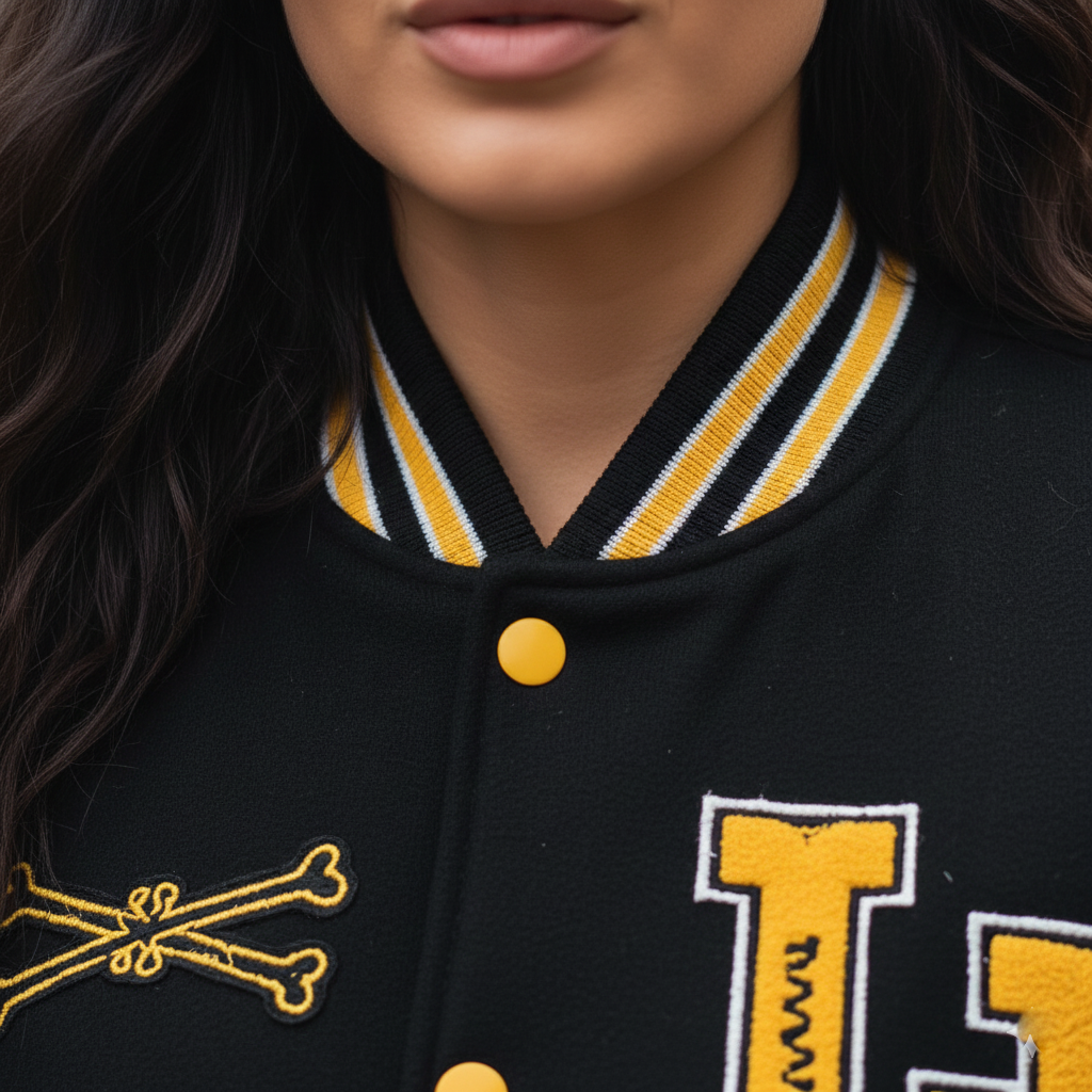Close-up of a black letterman jacket with yellow accents and lettering.