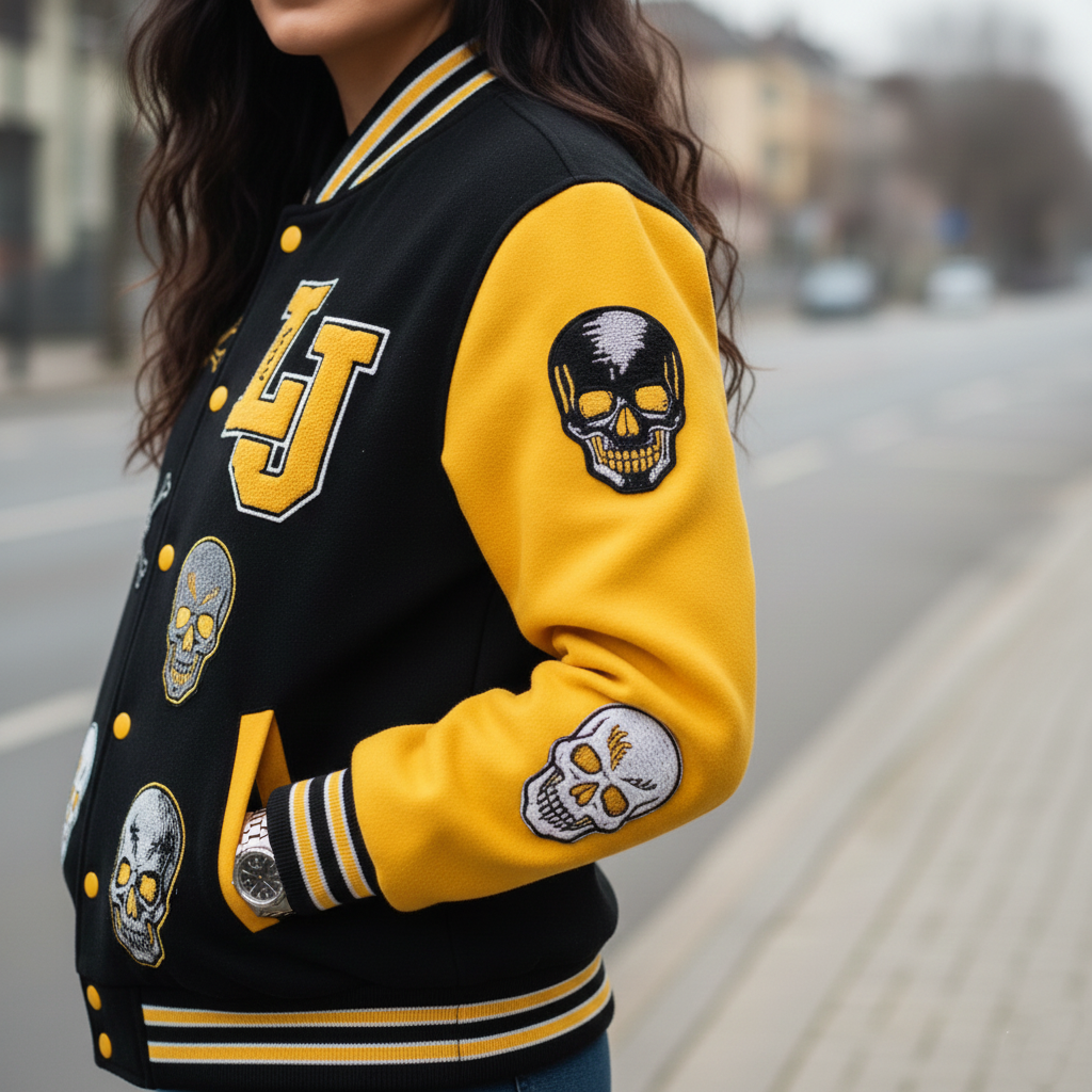 Black and yellow varsity jacket with skull designs on a blurred street background
