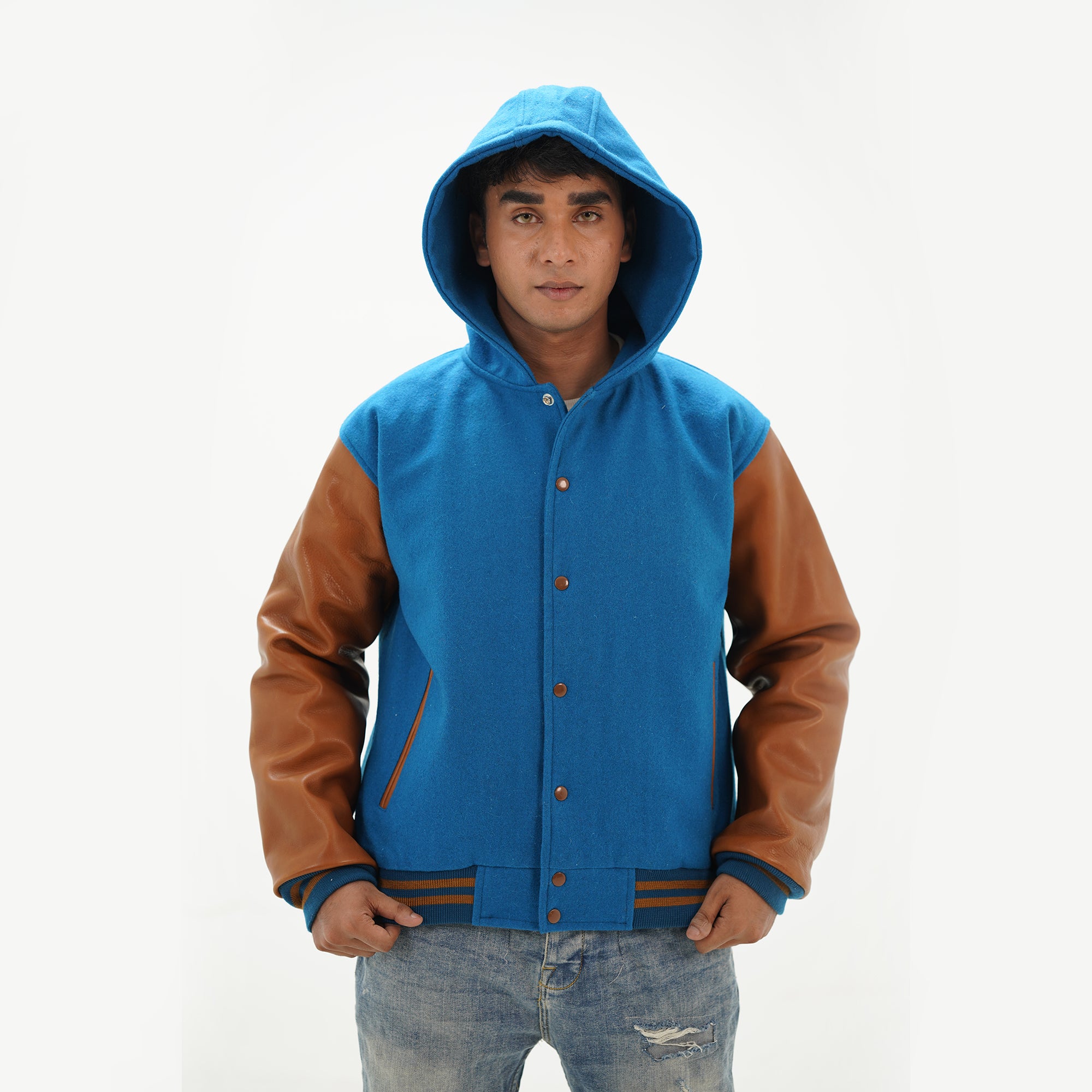 Detailed view of men's sky blue and brown varsity jacket over hoodie with customization embroidery options XS-6XL