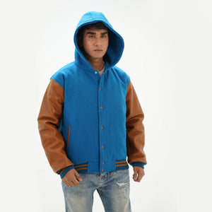 Front view of men's sky blue and brown varsity jacket over hoodie featuring wool leather construction and snap-button fastening