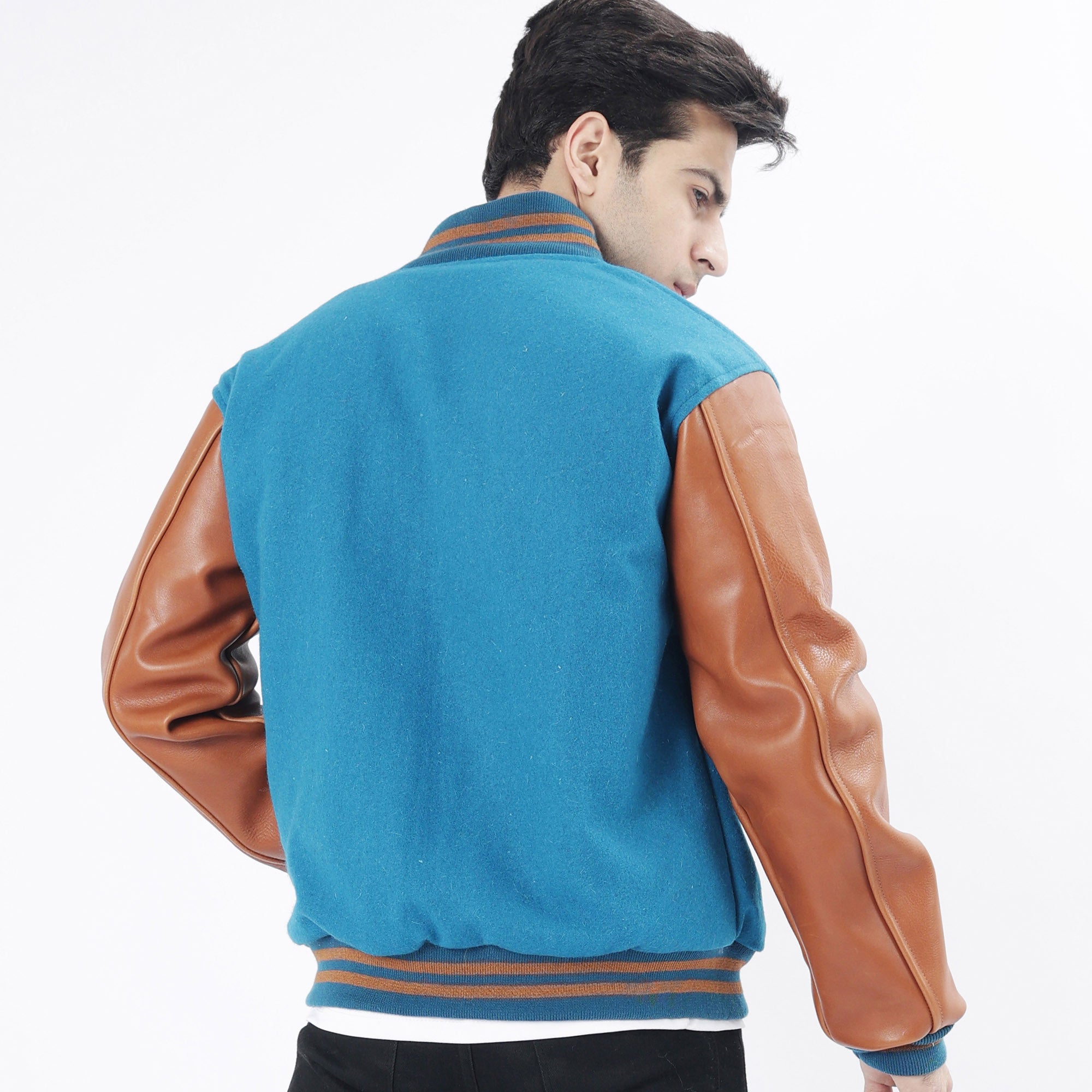 Men's Sky Blue Body And Brown Leather Sleeves Letterman Jacket