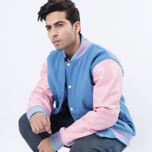 Sky Blue And Pink Letterman Jacket Leather Sleeves Wool Body Varsity Jacket