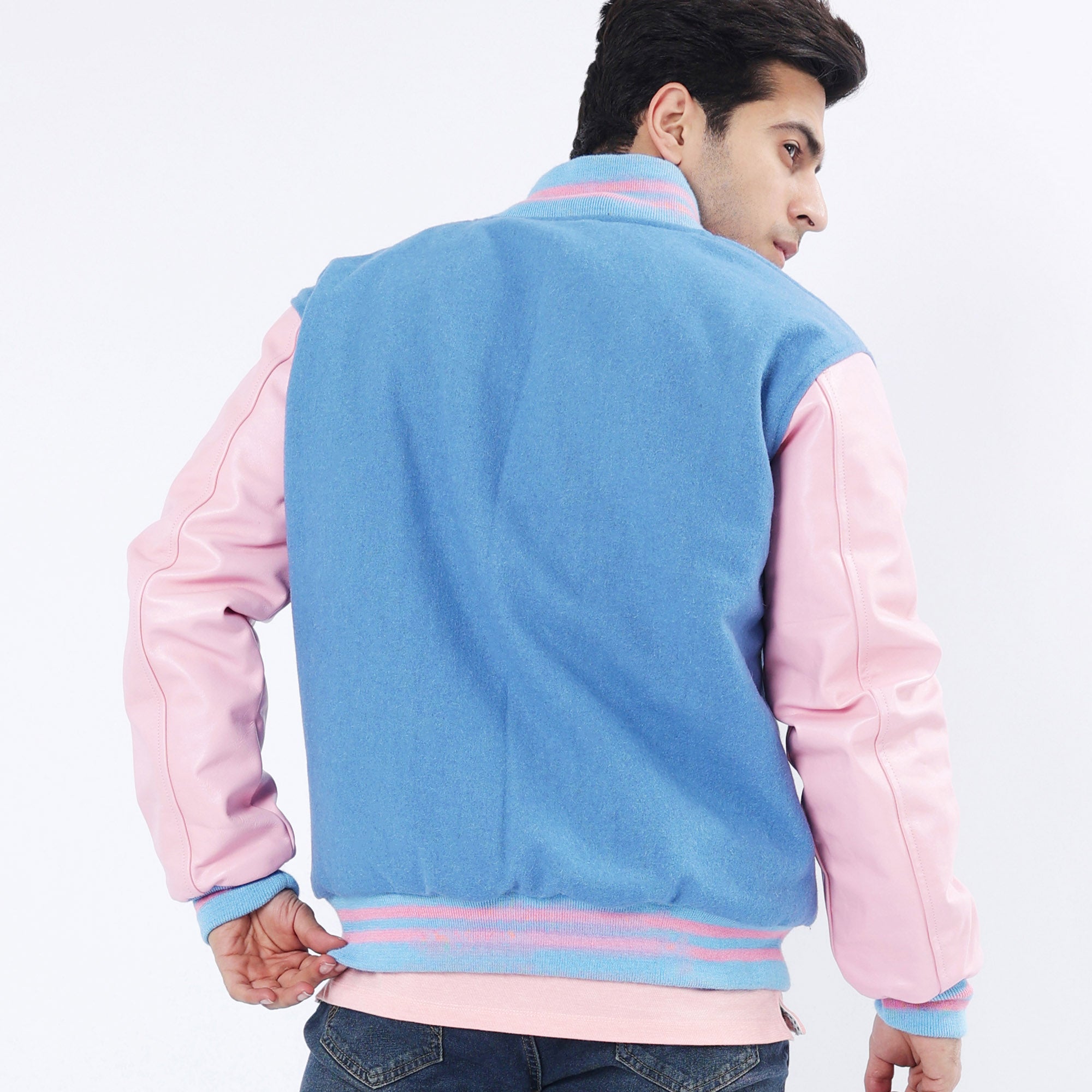 Sky Blue And Pink Letterman Jacket Leather Sleeves Wool Body Varsity Jacket