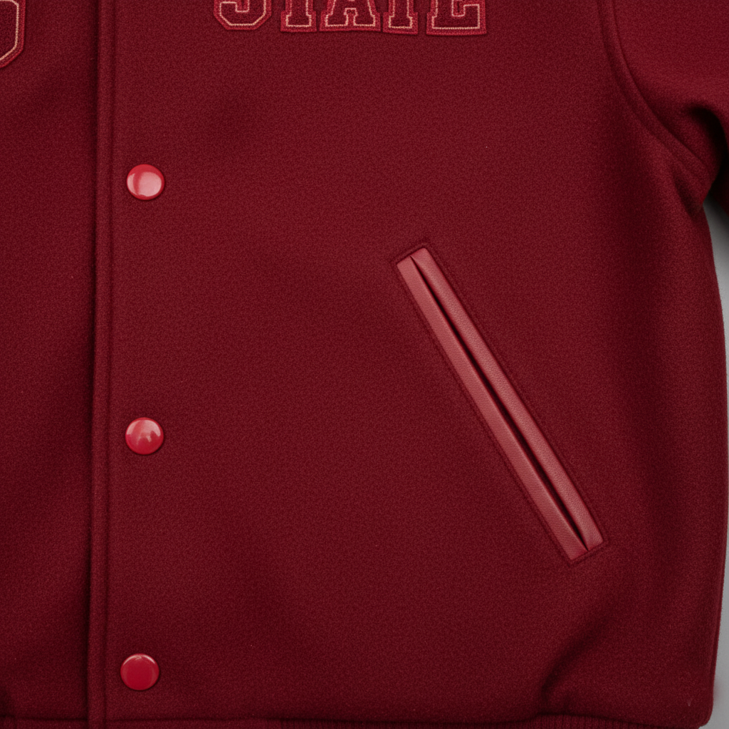 Close-up of a red varsity jacket with buttons and a pocket.