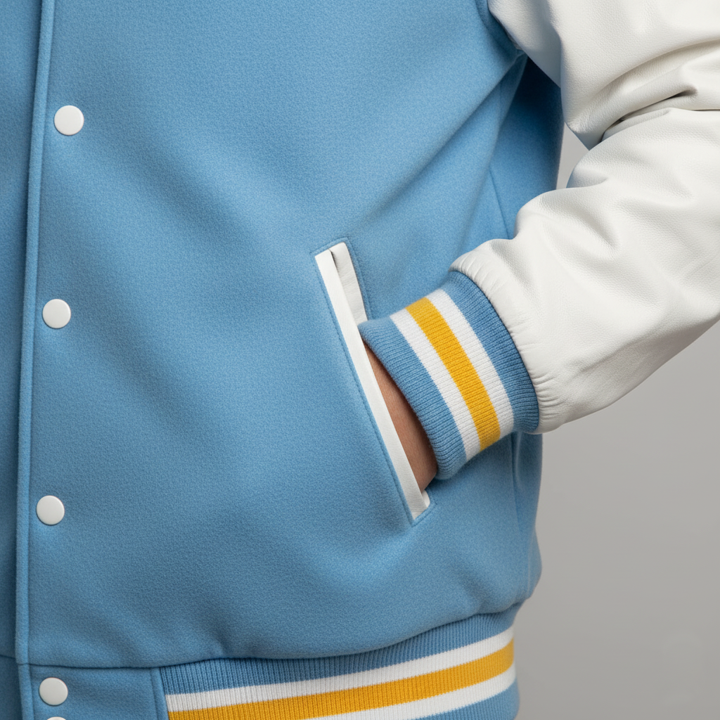 Close-up of a blue varsity jacket with white and yellow stripes on a neutral background