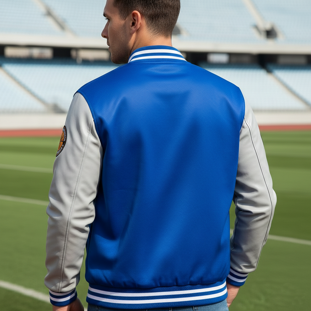Back view of sports letter jacket showcasing premium quality construction and custom design options
