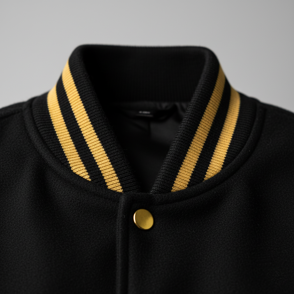 Black jacket with gold striped collar and button on a gray background