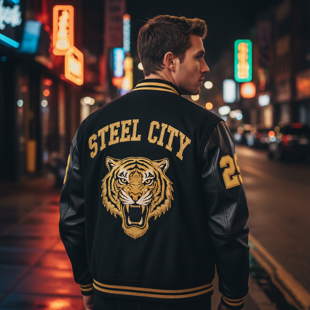 Man wearing a black leather jacket with 'Steel City' and a tiger emblem on a city street at night.
