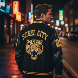 Man wearing a black leather jacket with 'Steel City' and a tiger emblem on a city street at night.