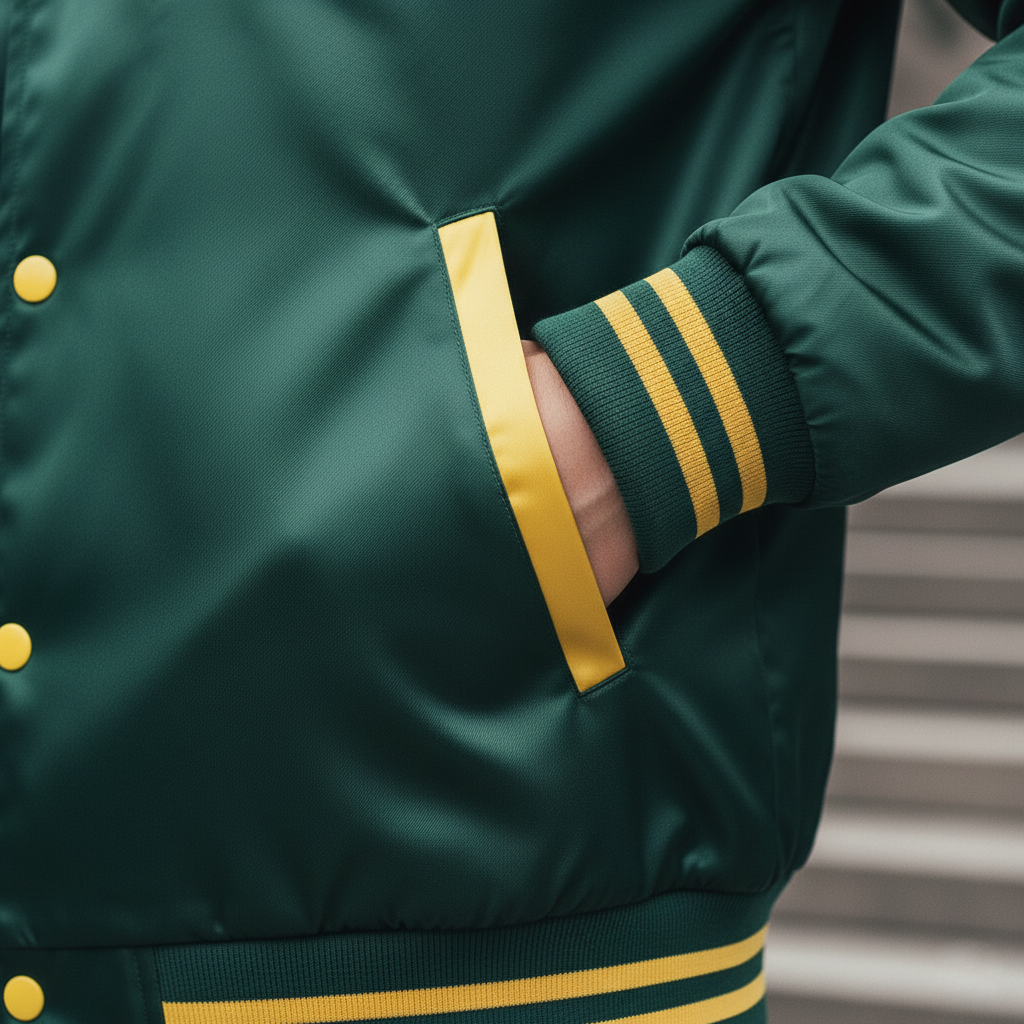 Close-up of satin bomber jacket men sleeve rib and custom varsity detailing