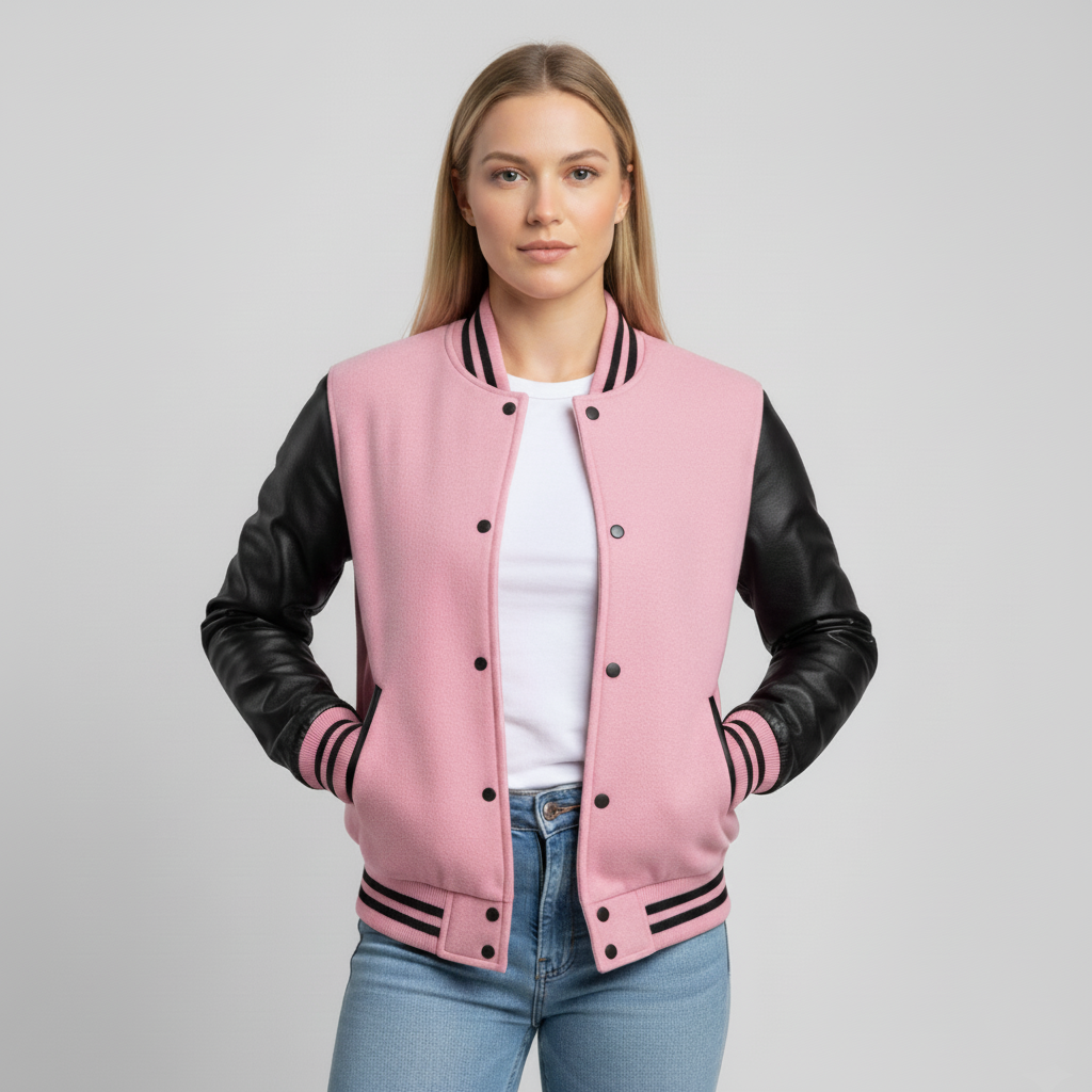 Person wearing a pink varsity jacket with black sleeves on a gray background