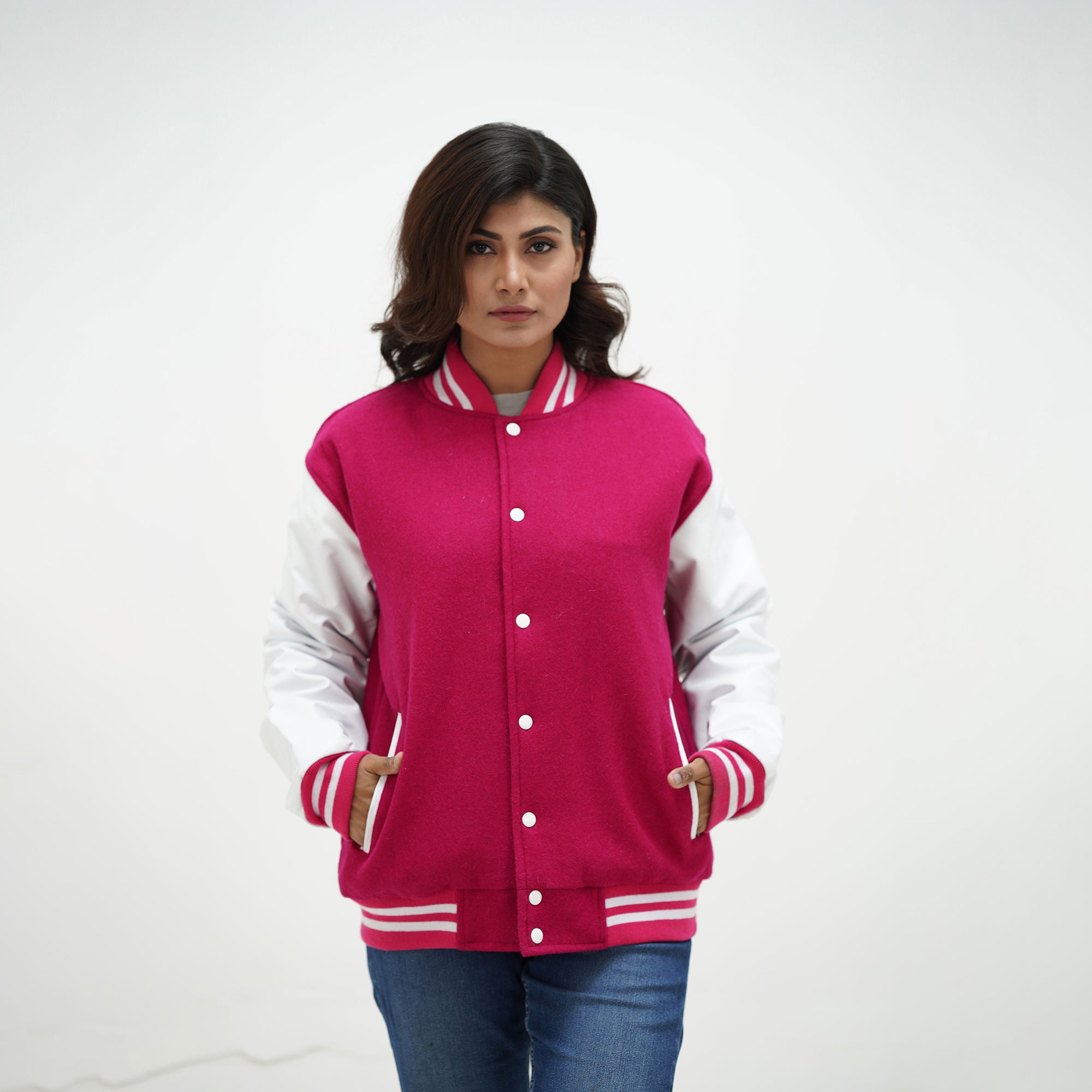 Teen pink and white varsity jacket with snap button closure - youth-specific sizing XS-6XL available