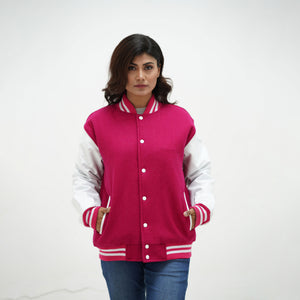Teen pink and white varsity jacket with snap button closure - youth-specific sizing XS-6XL available