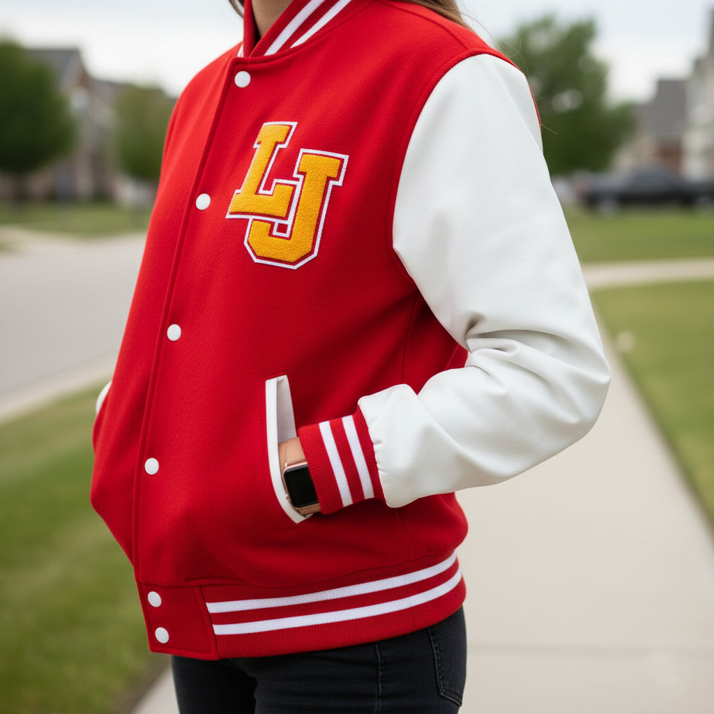 Red and white letterman jacket with 'LJ' logo worn by a person outdoors.