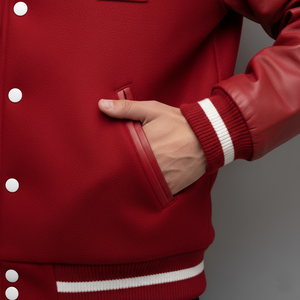 Red varsity jacket with white buttons and trim, worn by a person with a gray background.