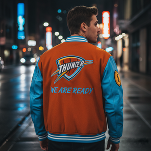 Person wearing a jacket with 'Thunder' logo and 'We Are Ready' text on a city street at night.