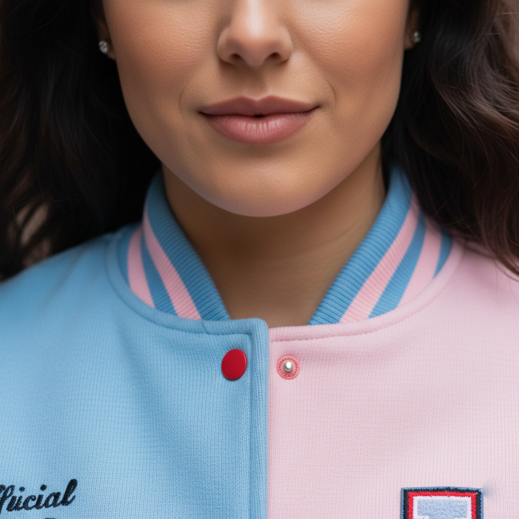 Close-up of a person wearing a pink and blue jacket with a red button.