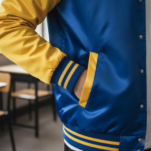 Side angle of trendy satin bomber jacket highlighting custom fit and embroidered varsity design 