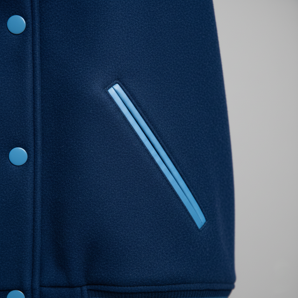 Navy blue varsity jacket with light blue accents on a gray background