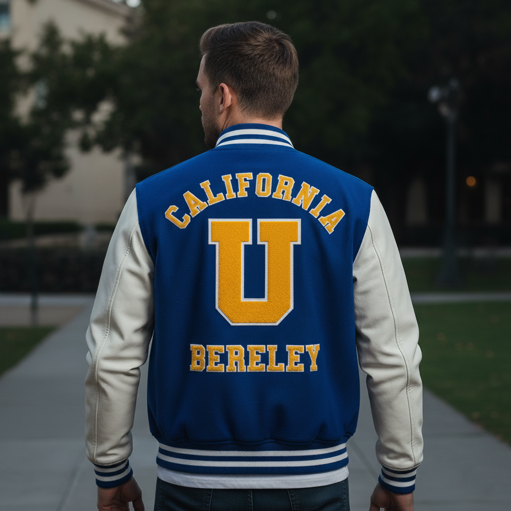 Person wearing a blue and white letterman jacket with 'California U Berkeley' patches.