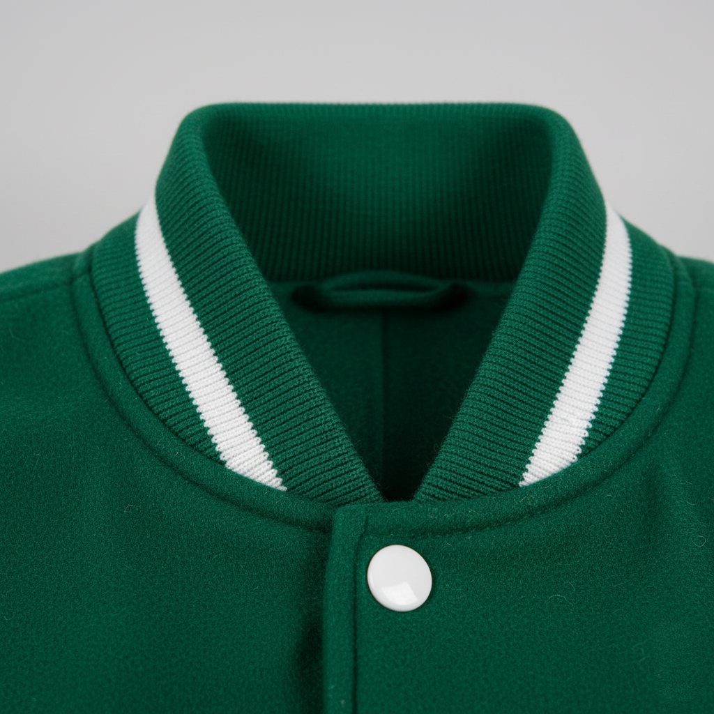 Close-up of a green varsity jacket with white trim on a gray background