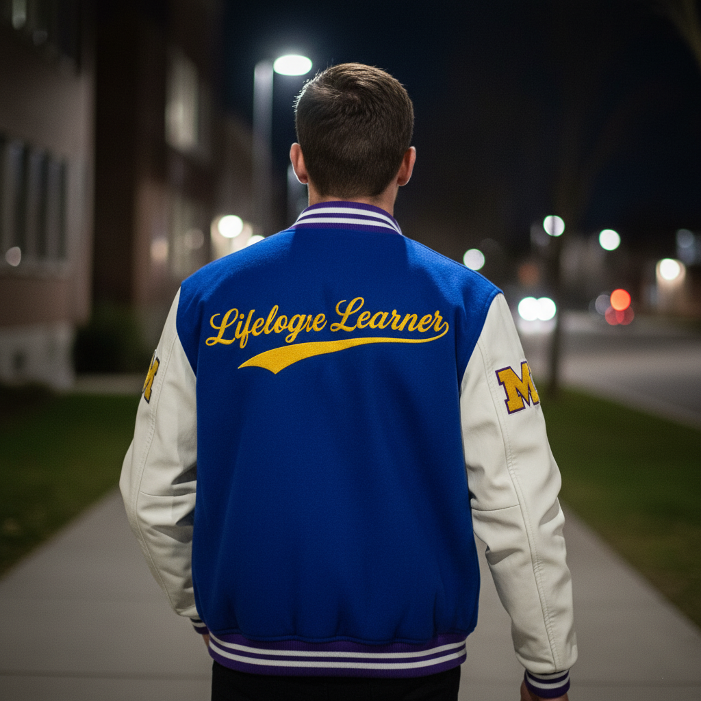 Person wearing a blue and white letterman jacket with 'Lifelong Learner' on the back at night.