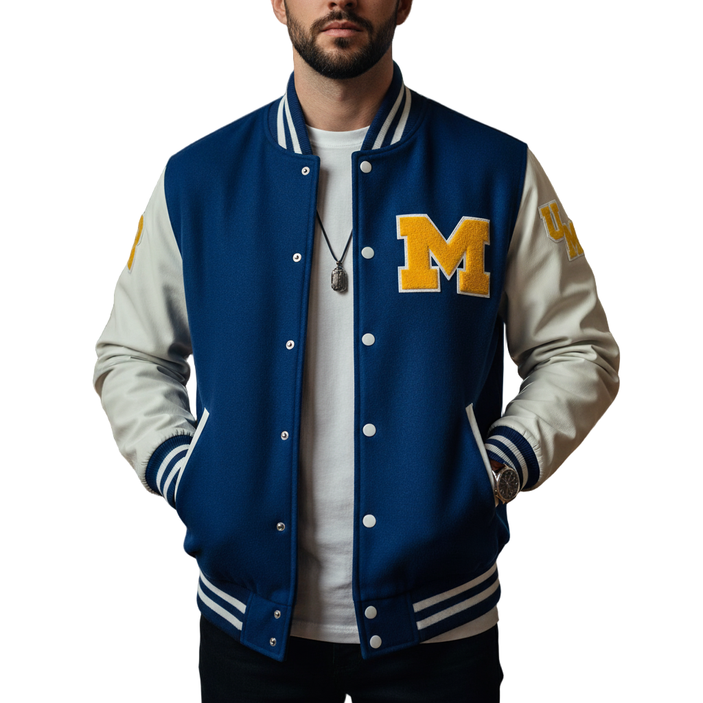 a student wearing university of Michigan's varsity jacket, big M patch on front left panel