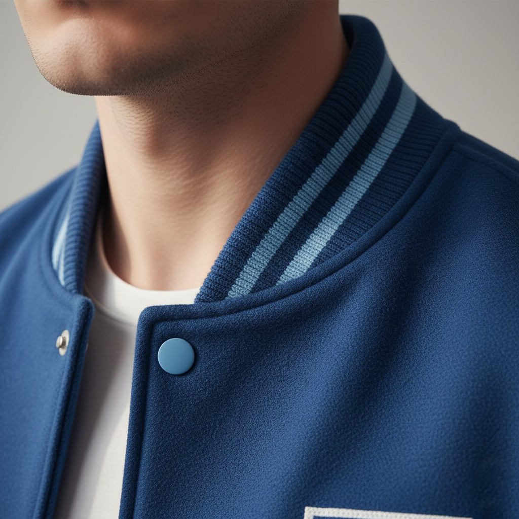 Close-up of a person wearing a blue varsity jacket with white shirt underneath