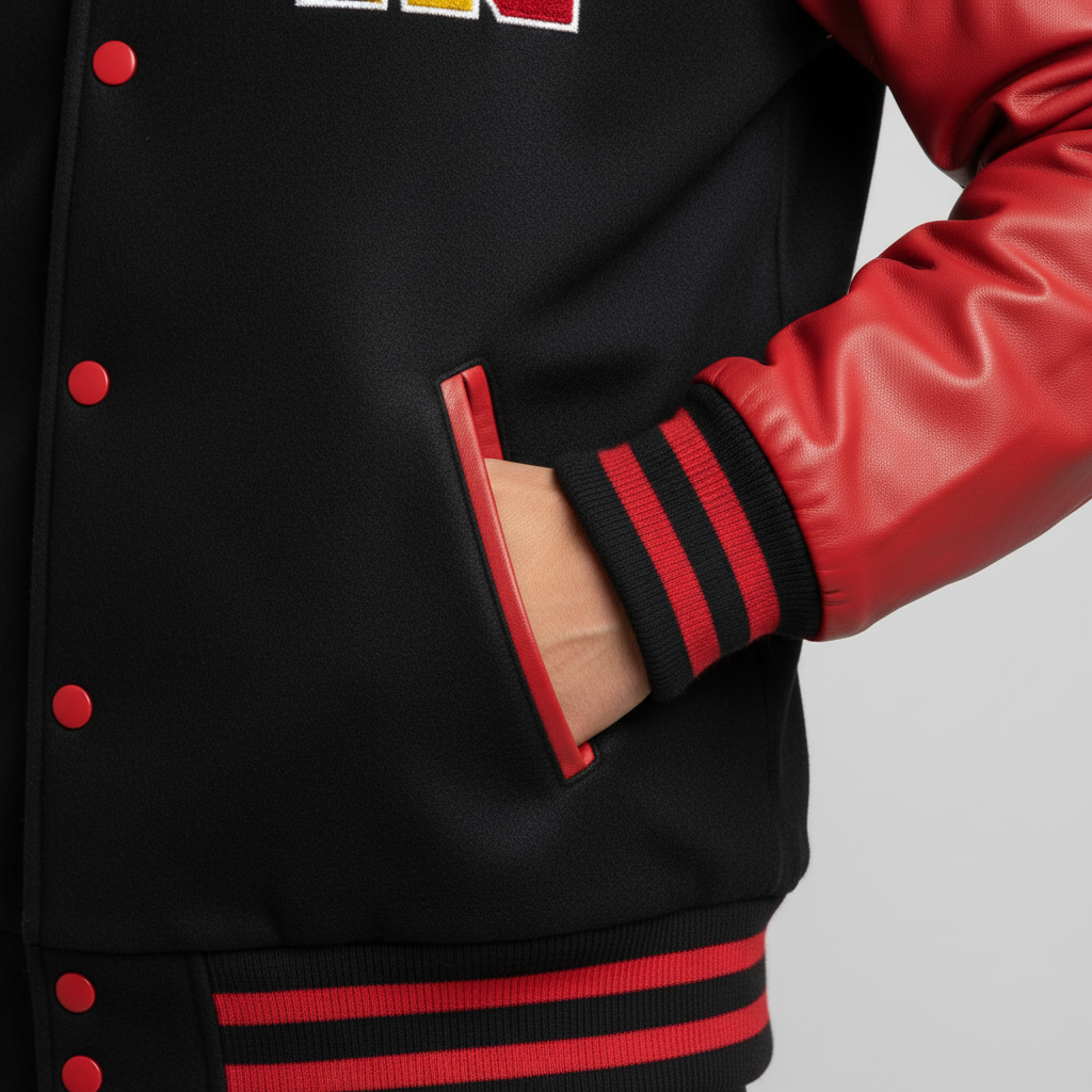 Black varsity jacket with red accents on a plain background