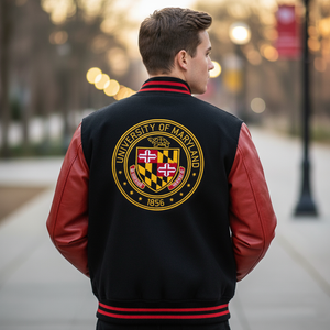 Person wearing a black and red letterman jacket with 'University of Maryland' emblem.
