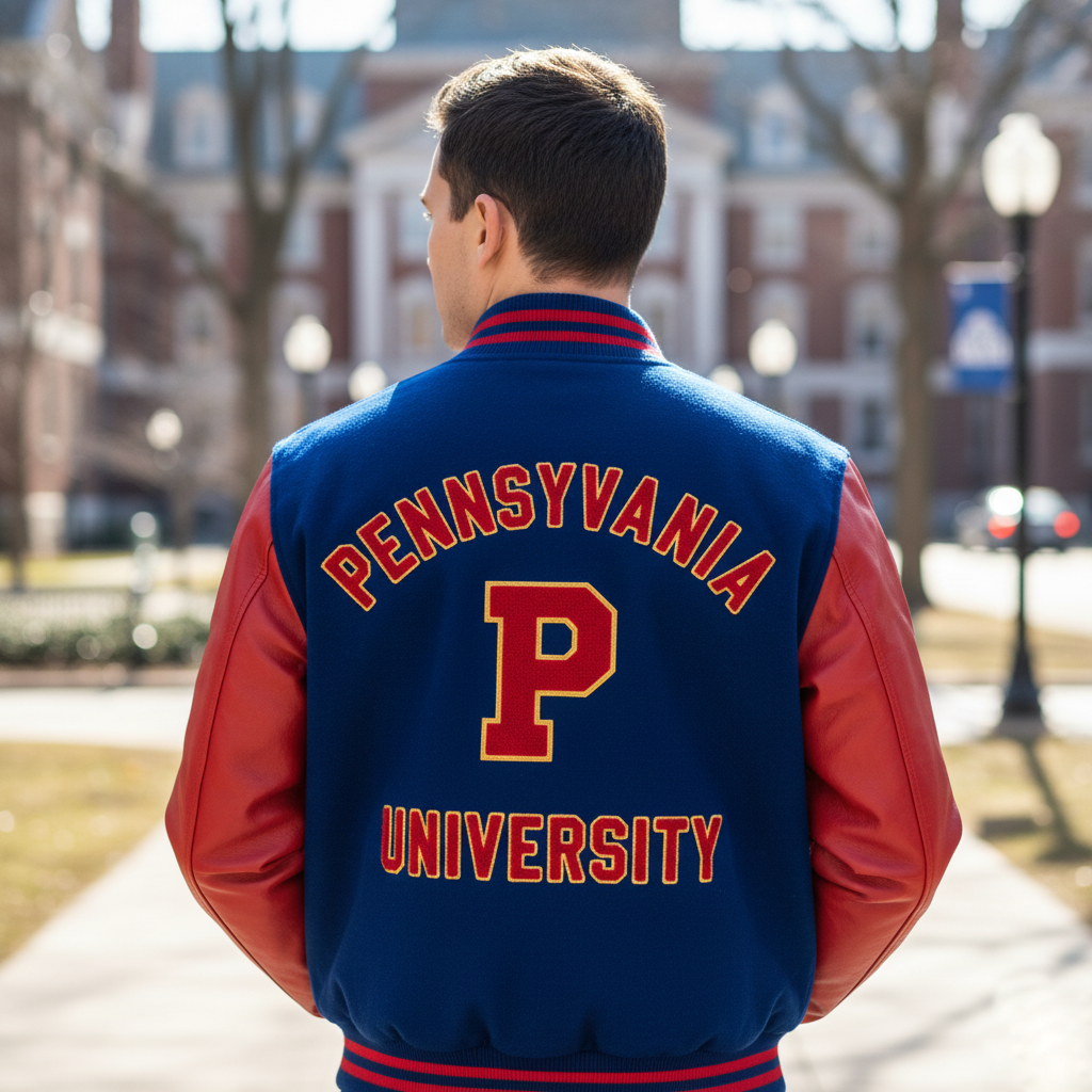 Person wearing a blue and red 'Pennsylvania University' letterman jacket on a campus setting.