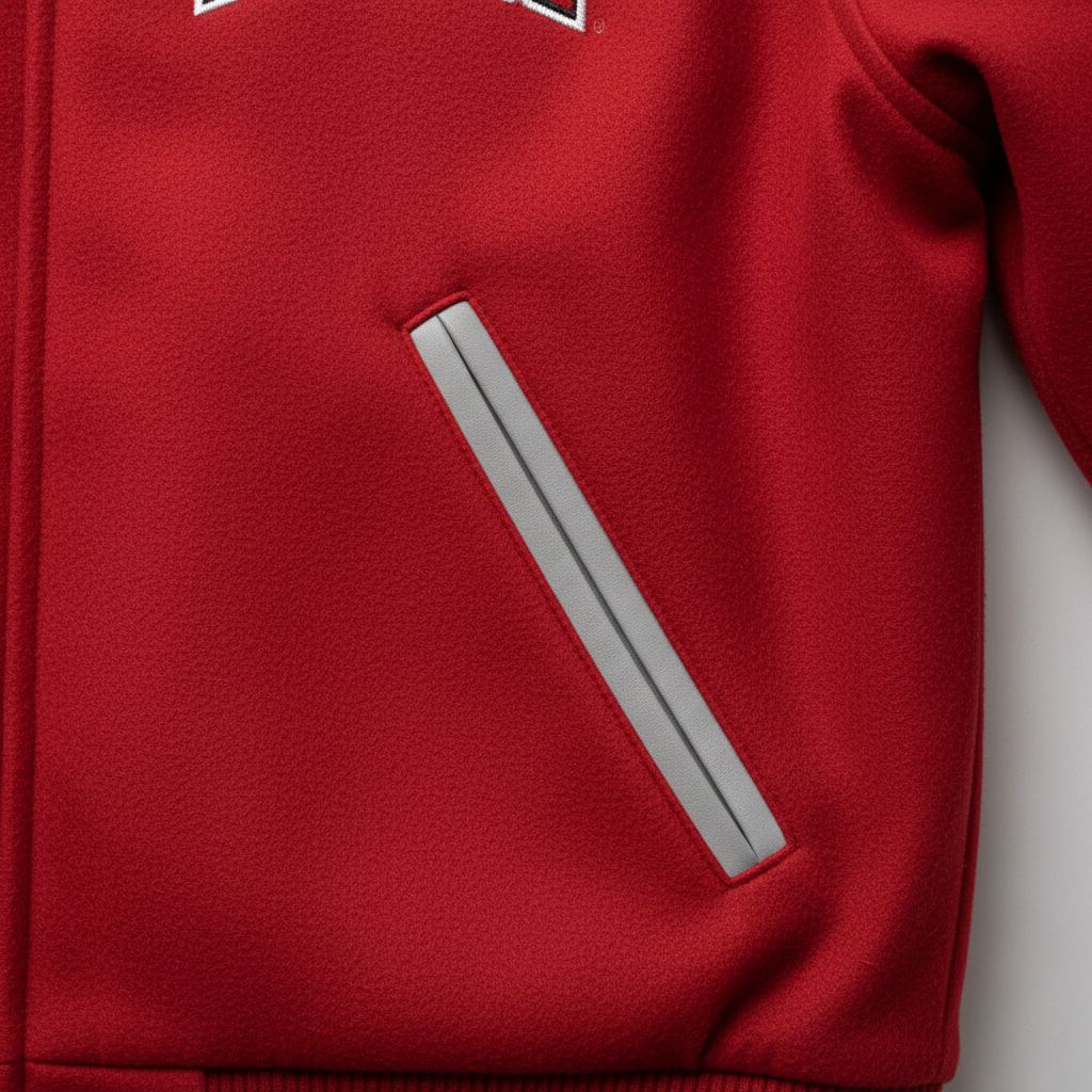 Red jacket with a gray stripe on a white background
