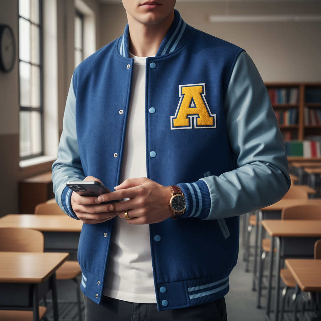 a student wearing arizona university jacket, standing in a class room, holding his phone