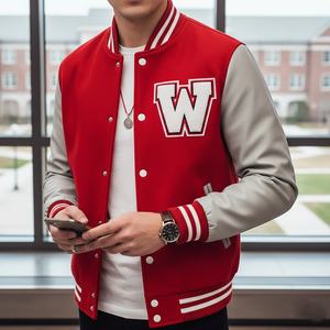 Person wearing a red and gray letterman jacket with a large 'W' standing in front of a window.