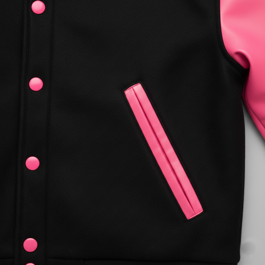 Black jacket with pink buttons and a pink patch on a light gray background