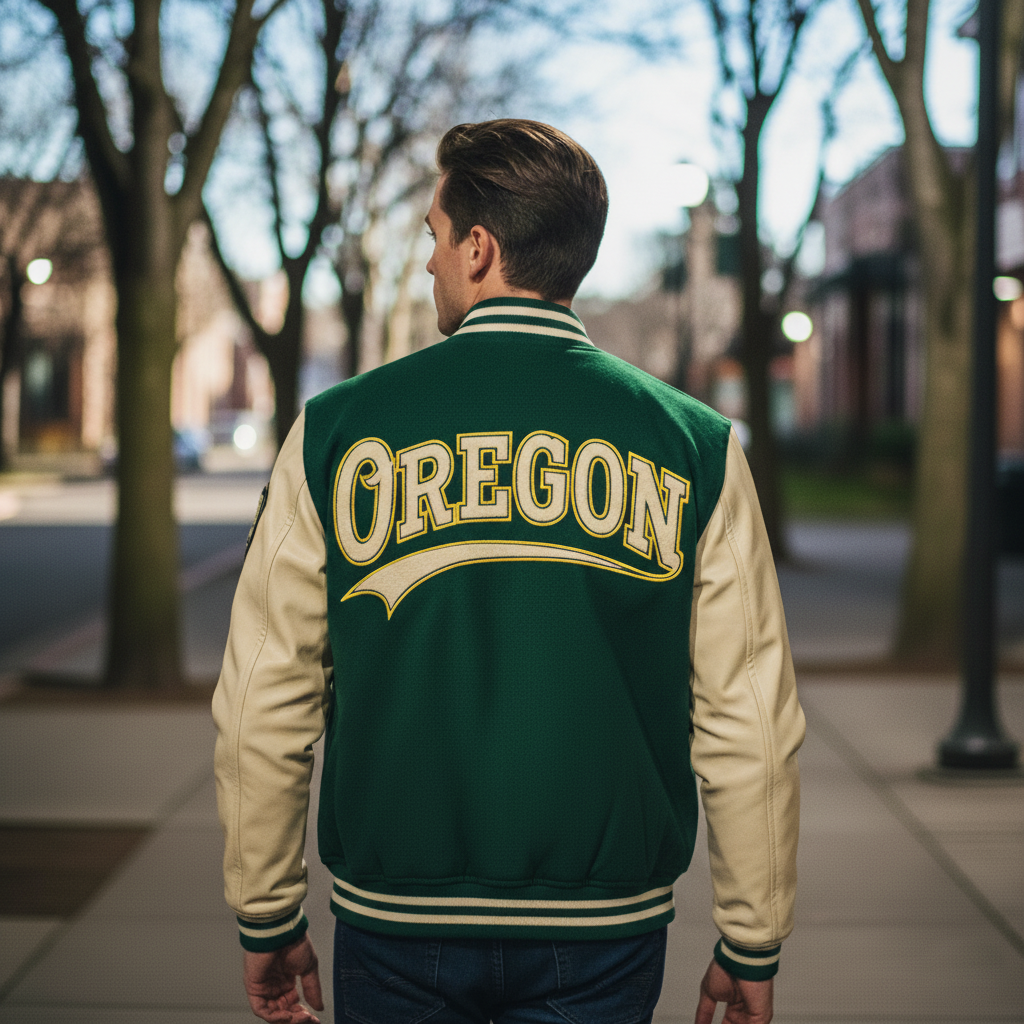 Person wearing a green and beige 'OREGON' letterman jacket walking on a sidewalk.
