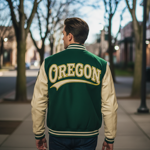 Person wearing a green and beige 'OREGON' letterman jacket walking on a sidewalk.