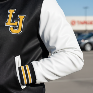 Close-up of urban varsity jacket LJ letter patch and stylish premium quality embroidery details