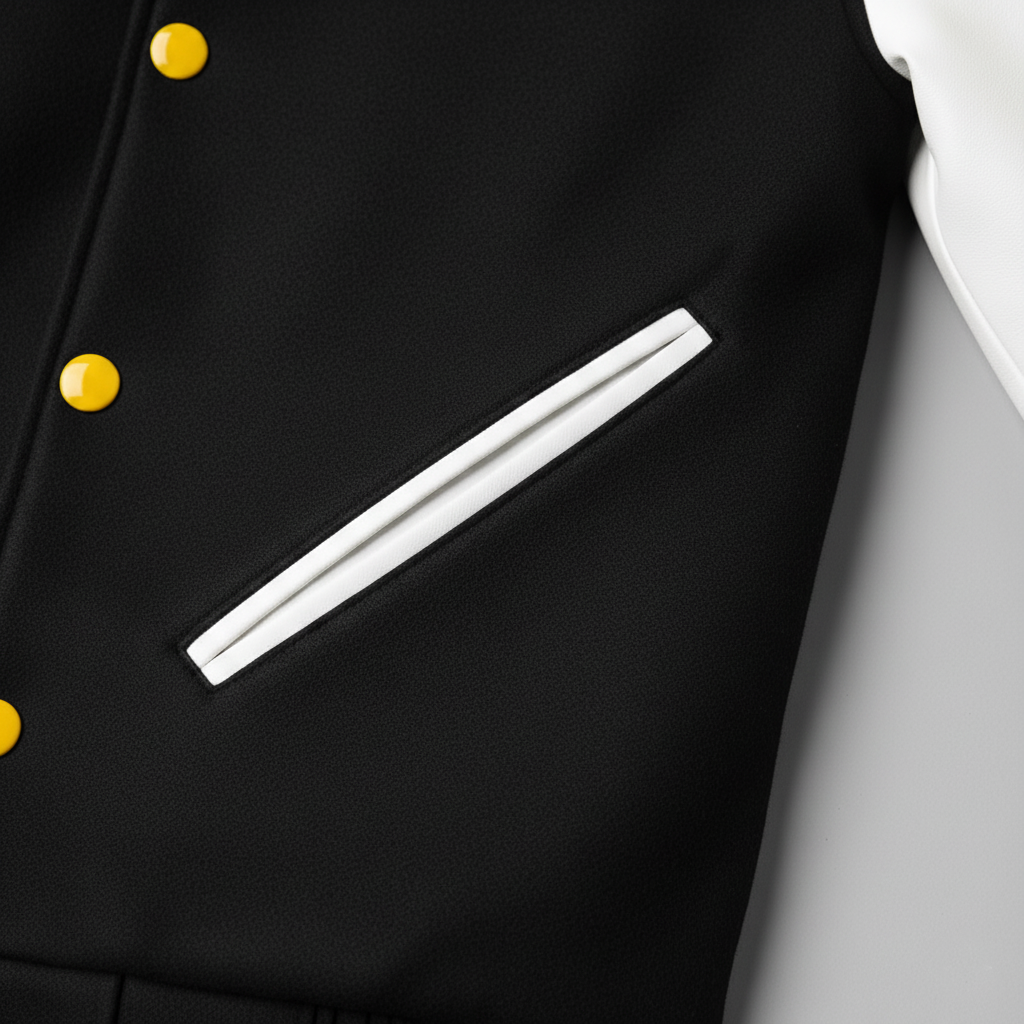 Black jacket with yellow buttons and a white stripe on a gray background
