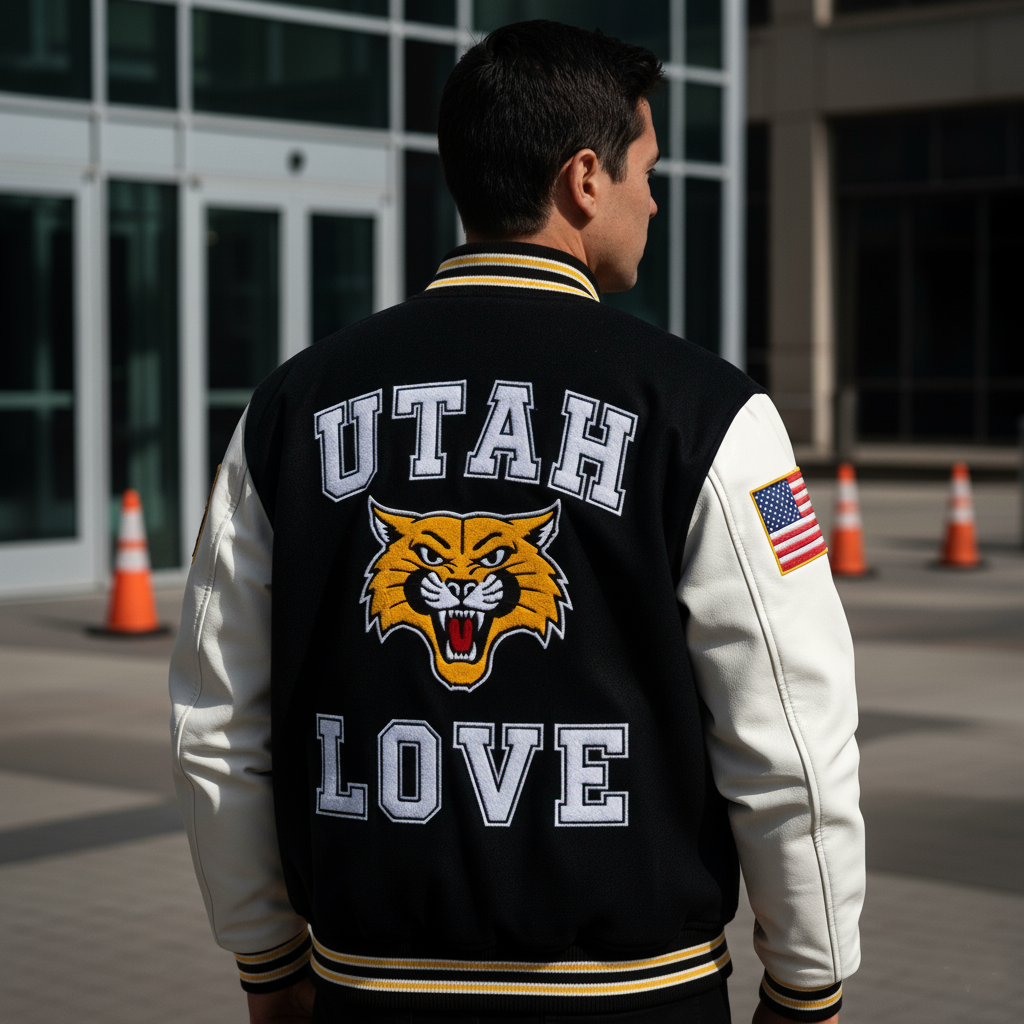Person wearing a black and white letterman jacket with 'UTAH LOVE' and a tiger logo.
