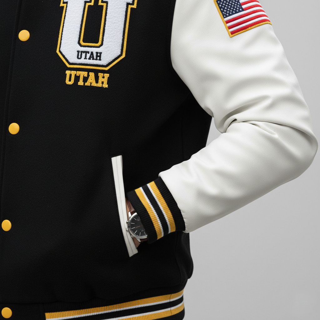 Black letterman jacket with 'UTAH' and an American flag patch, worn by a person.