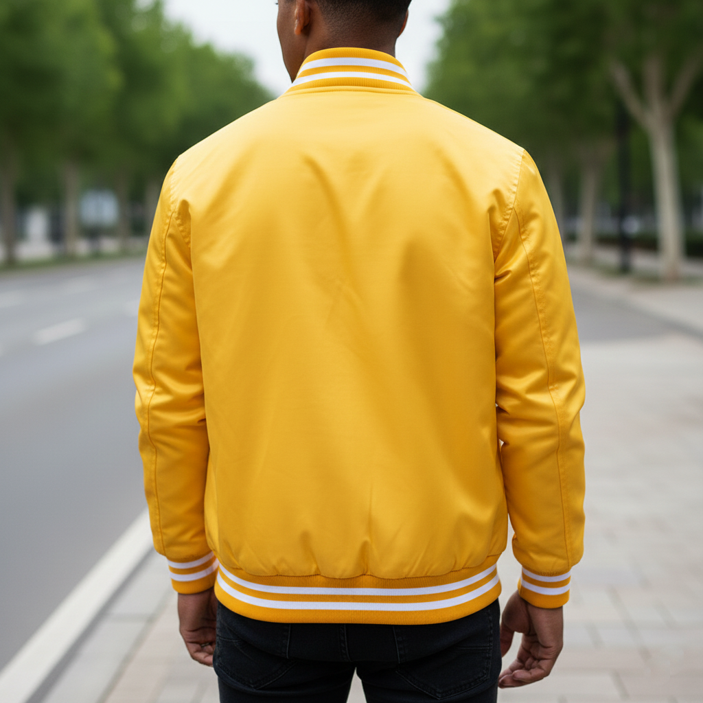 Back view of varsity letterman bomber jacket showcasing premium quality construction and stylish design