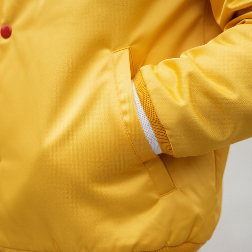 Close-up of a yellow jacket with a white interior lining on a light gray background