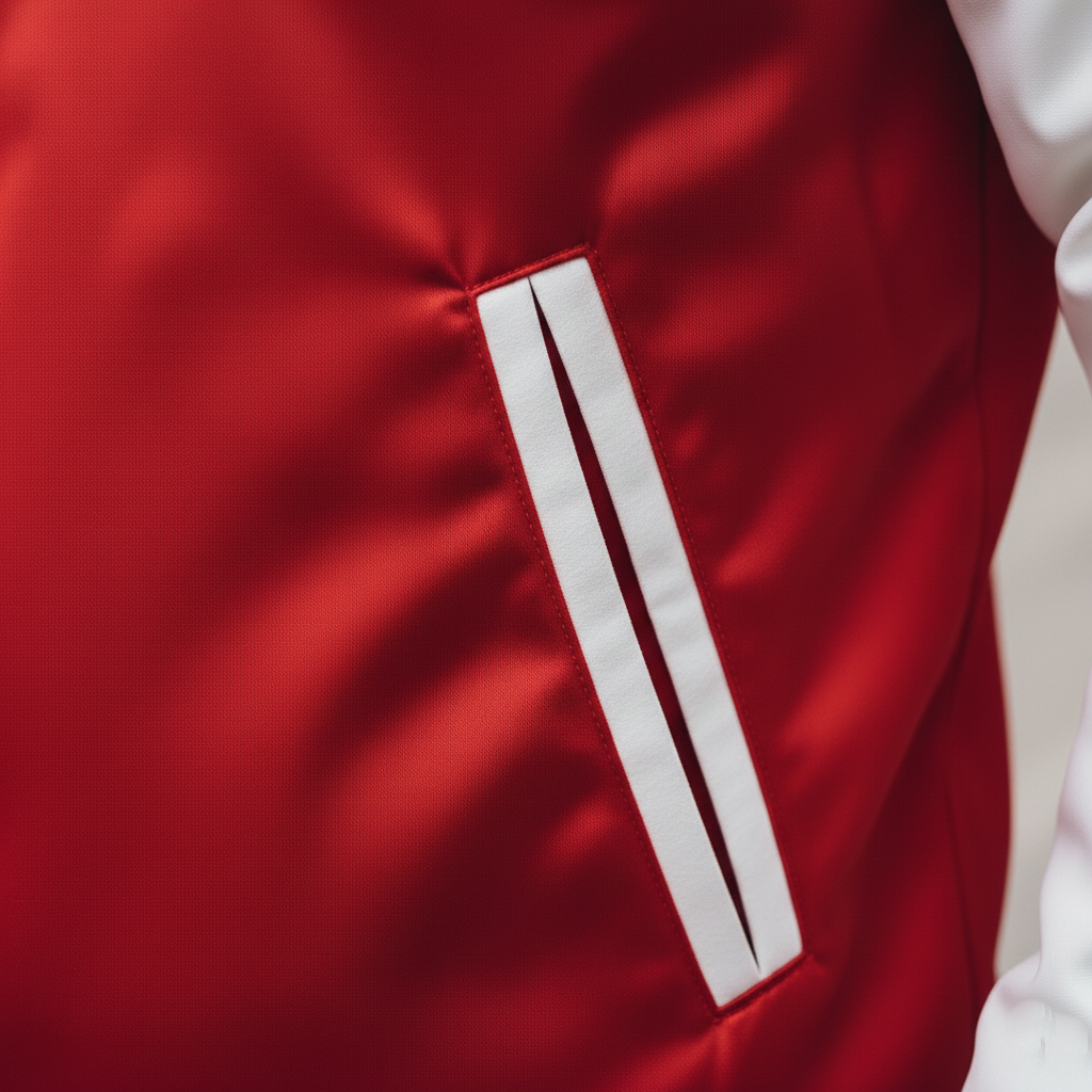 Side view of varsity bomber jacket highlighting customizable fit and premium quality materials