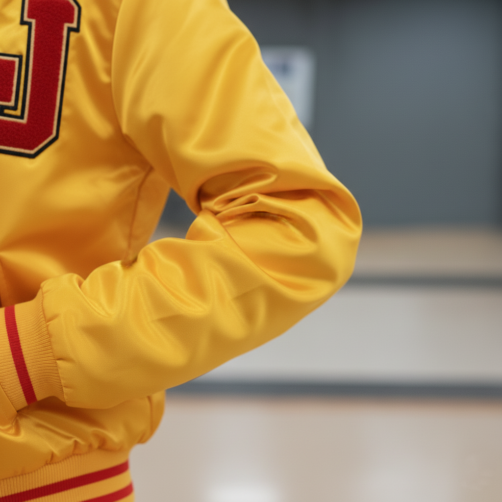Yellow jacket with red accents on a blurred background