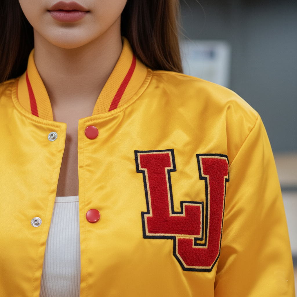 Yellow jacket with red letter 'L' patch worn by a person