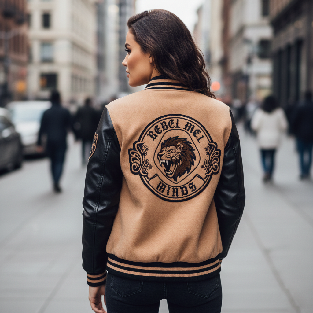 Woman wearing a tan and black varsity jacket with a lion graphic and text on a city street.